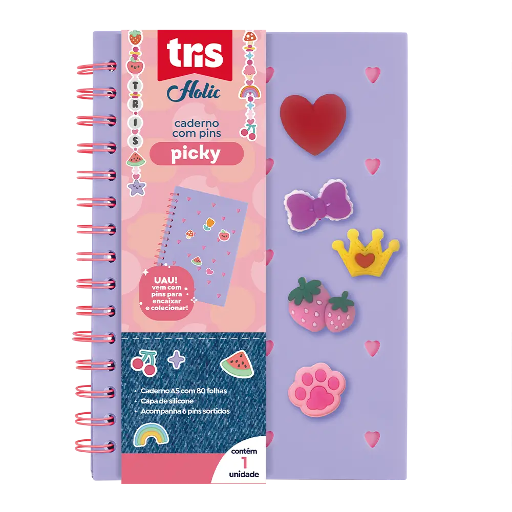 Caderno Pautado Picky Holic Charm - A5 - 80 Folhas - Capa de Silicone -Com 6 Pins - Pacote C/ 1 un - Tris - Imagem 1