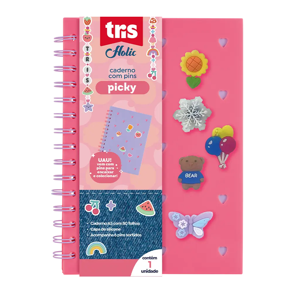 Caderno Pautado Picky Holic Charm - A5 - 80 Folhas - Capa de Silicone -Com 6 Pins - Pacote C/ 1 un - Tris - Imagem 2