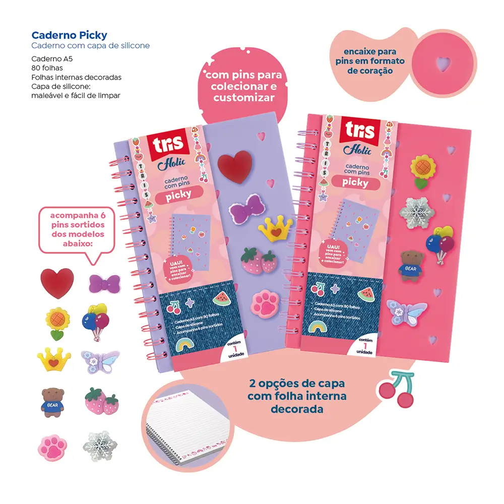 Caderno Pautado Picky Holic Charm - A5 - 80 Folhas - Capa de Silicone -Com 6 Pins - Pacote C/ 1 un - Tris - Imagem 4