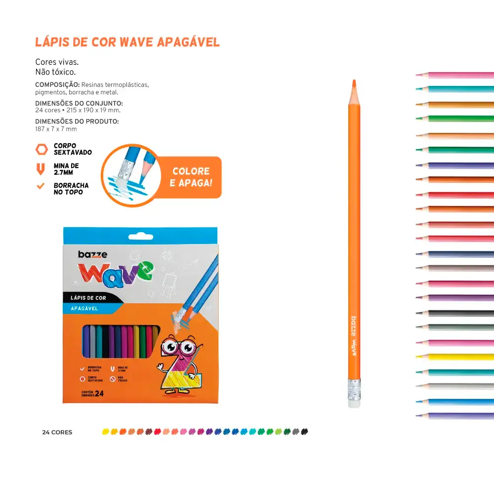 Lápis de Cor Wave Apagável - 24 Cores – Bazze - Imagem 3