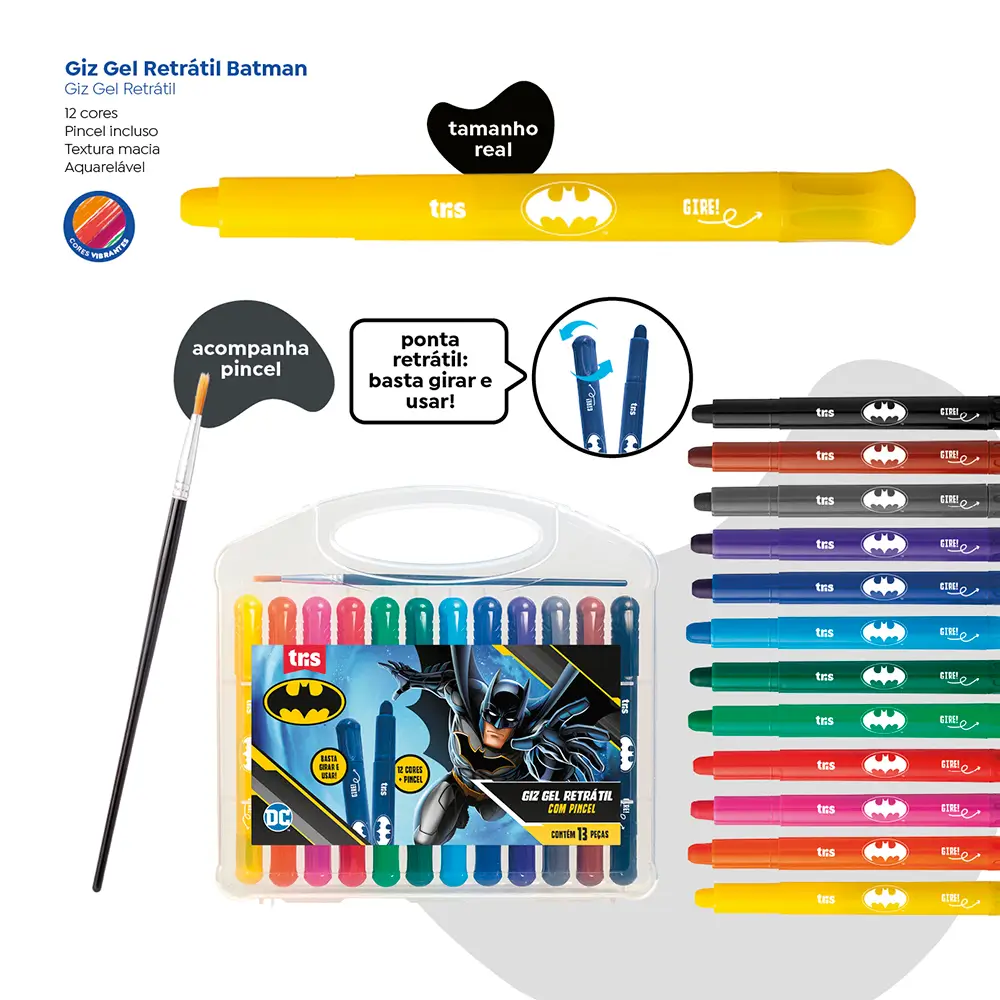 Giz Gel Retrátil - 12 Cores C/ Pincel - Batman - Imagem 3