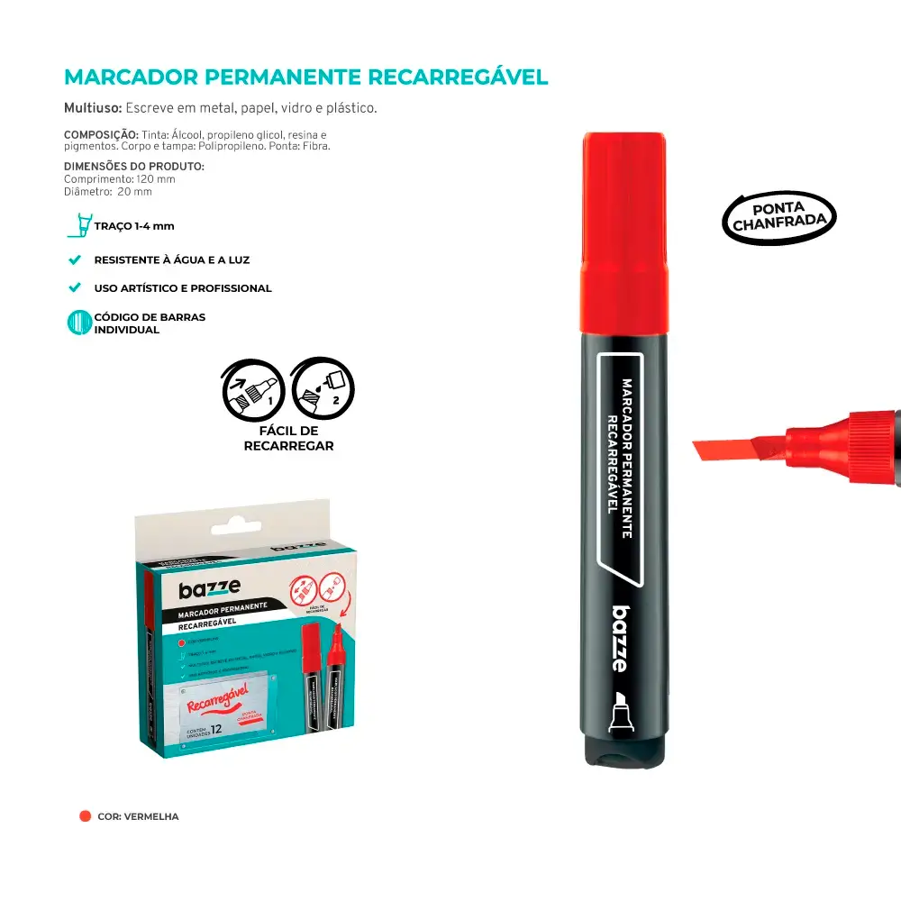 Marcador Permanente Recarregável - Vermelho - Caixa C/ 12 un - Bazze - Imagem 4