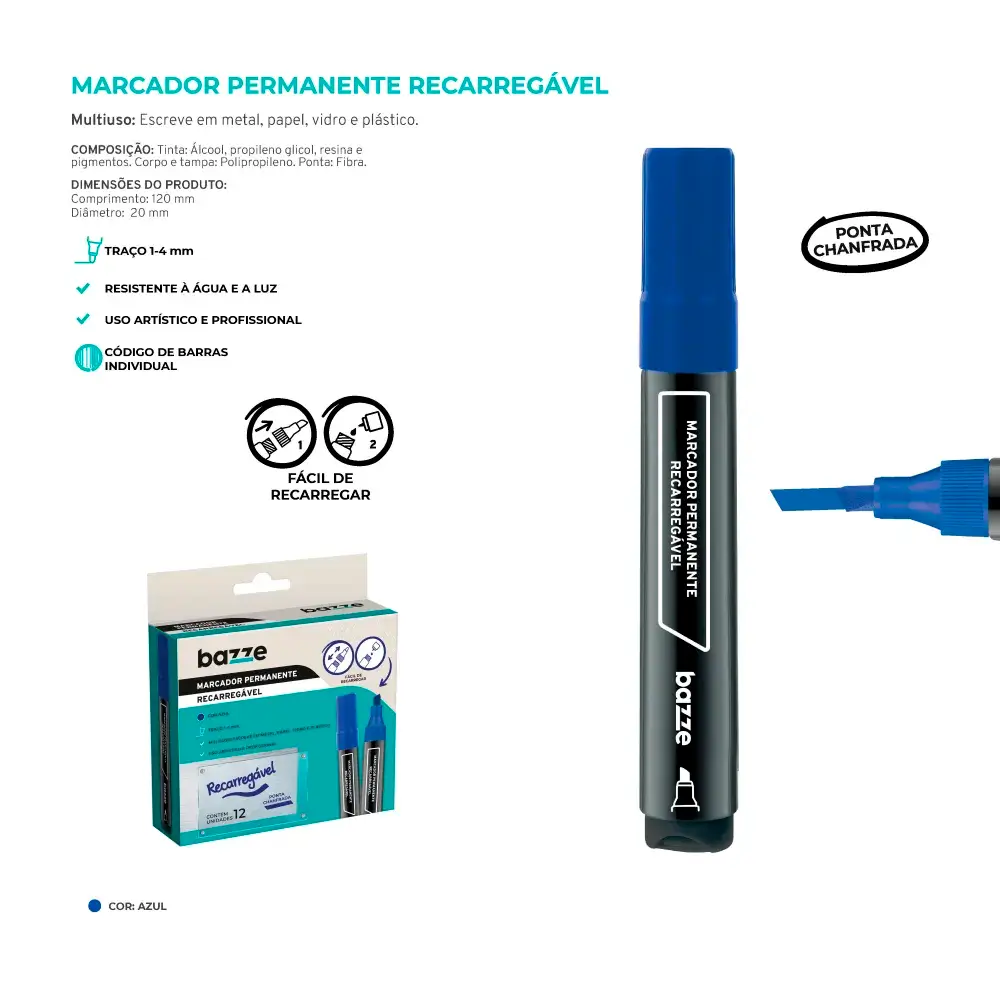 Marcador Permanente Recarregável - Azul - Caixa C/ 12 un - Bazze - Imagem 4