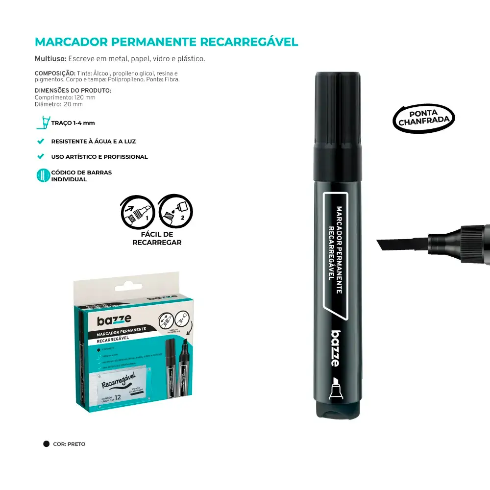 Marcador Permanente Recarregável - Preto - Caixa C/ 12 un - Bazze - Imagem 3